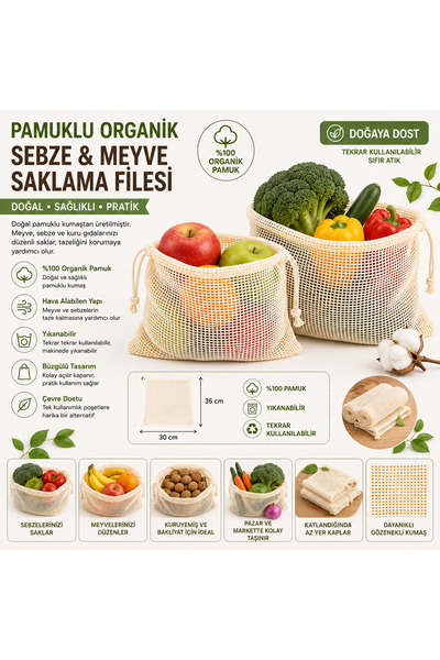 Magiclady 1 adet Meyve ve Sebze Filesi – 30 x 35 cm Büzgülü Yıkanabilir Sakla...