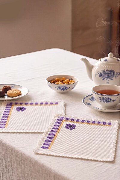 Rivaİstanbul Purple Floral Patterned Handmade 2-Piece Presentation Napkin 14X...