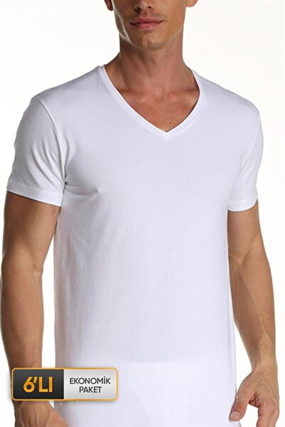 Çift Kaplan Men's Elastane V-Neck White T-Shirt 0956 Economical Pack of 6