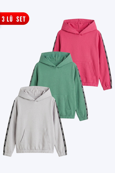 FYK KİDS 3-Piece Girls' Hooded Sweatshirt with Kangaroo Pockets and Stripe De...