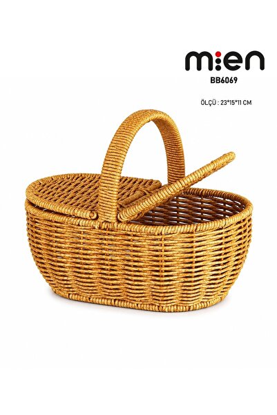 MİEN Oval Wicker Rattan Mini Basket with Handle 23X15X11 cm