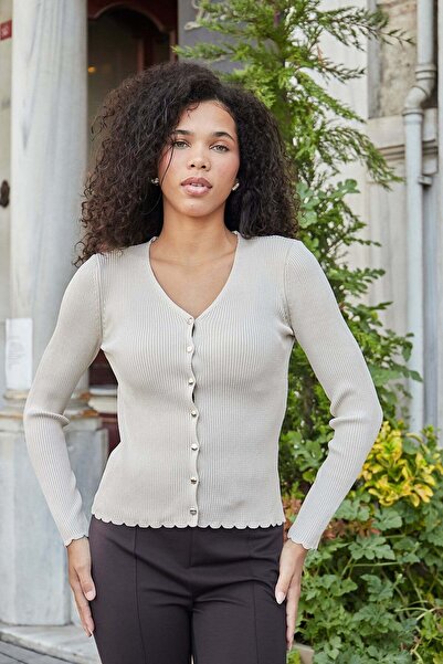 Jument Women's Flexible Knitwear Buttoned Long Sleeve Cardigan-Stone