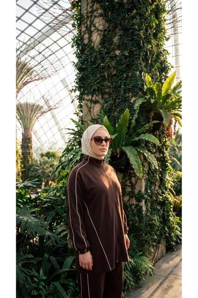 MİMİ Luxury Wear Women's Hijab Tracksuit Set with Zipper, High Collar, Stripe...