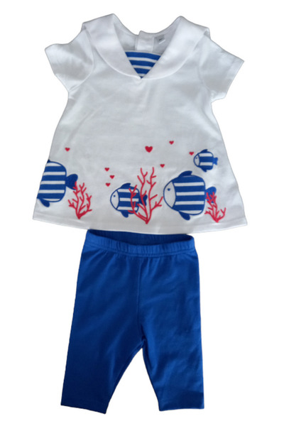 OEM Set 2 piese pentru copii, Rochie și Pantaloni, Alb-Albastru, Imprimeu cu ...