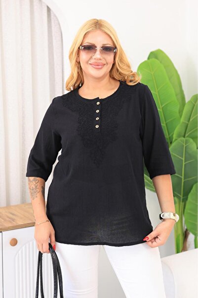 Siyezen Plus Size Embroidered Linen Blouse