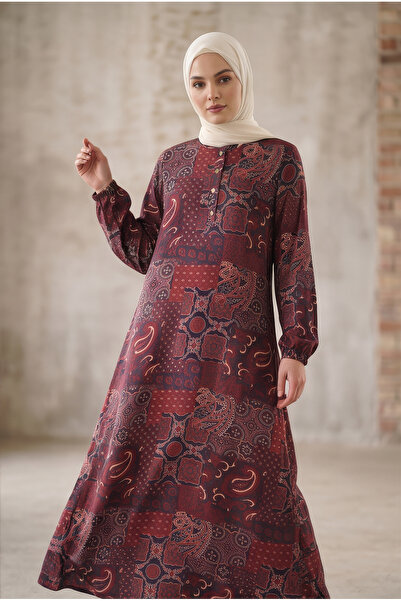 tuvadi Women's Bohemian Block Patterned Lilyum Fabric Dress - Hijab Dress Plu...