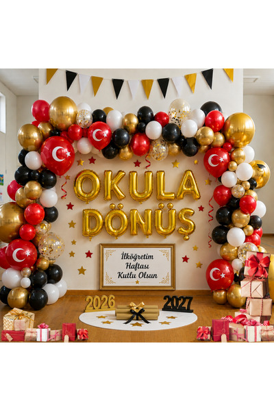 İlköğretim Haftası Konulu Okula Dönüş Gold Folyo Harfler Beyaz Kırmızı Siyah Gold Balonlar Okul Sınıf Pano Süsleme