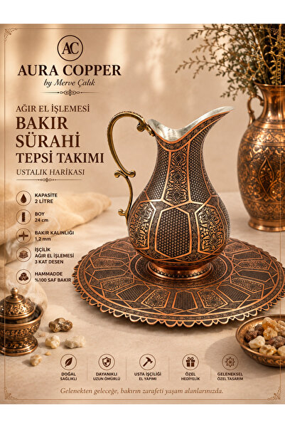 AURA COPPER 3 Kat Ağır El İşlemeli Bakır Sürahi Tepsi Takımı 2 L – 1,2 mm 3 K...