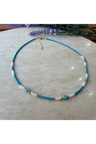 nesdesignn Turquoise Stone and Pearl Blue Afghan Beaded Necklace