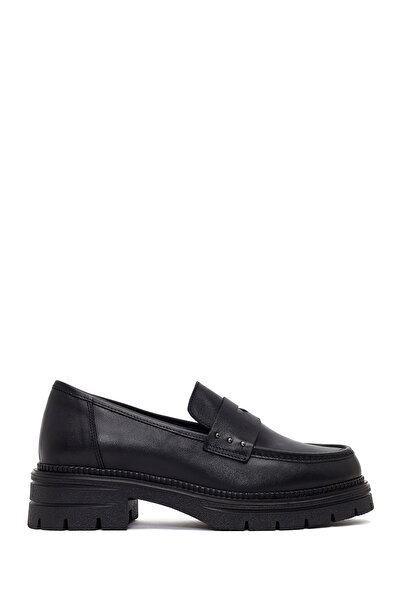 Derimod Women's Black Thick Soled Leather Masculine Loafer Af190053Dv