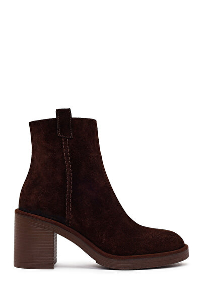 Derimod Women's Brown Zippered Thick Heeled Suede Leather Boots Wf180028Ds