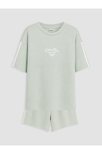 LC Waikiki Green Text Printed Girls' Soft Touch Set