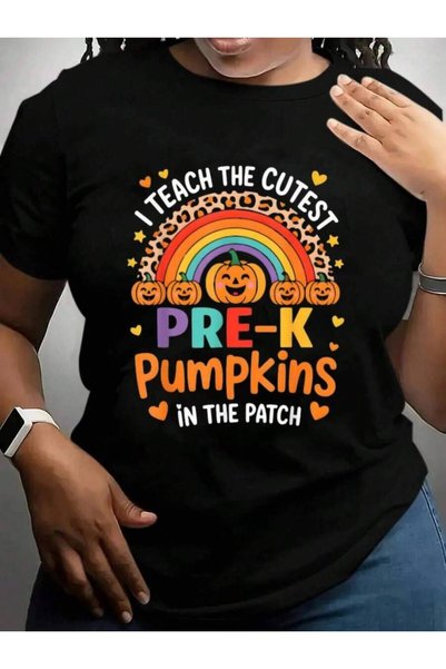 21JNRY تي شيرت أسود مطبوع عليه عبارة "I Teach The Cutest Pre-K Pumpkin Teache...