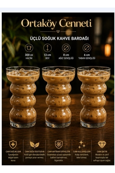 ORTAKÖYCENNETİ Soğuk kahve bardağı broksiklet cam 3 LÜ 300 cc hacım 13 cm boy...