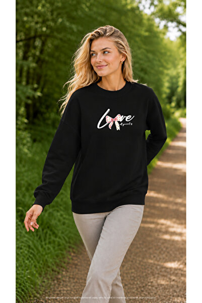 EMMODA Women's Pink Ribbon Detailed Love Written Round Neck Casual Sweatshirt