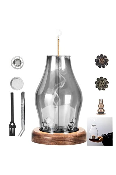 Generic Brand Glass Incense Holder with Solid Wood Base, Smoky Glass Enclosur...