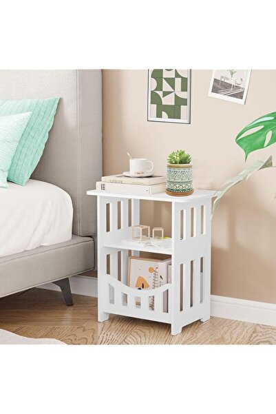 Generic End Table with Storage Shelf Basket,Multi-tier White Narrow Bedside T...