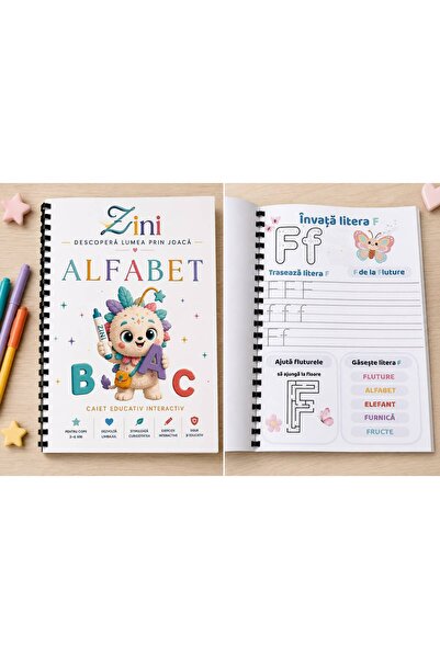 Zini Educativ Alfabet Interactiv Caiet scrie si sterge invata alfabetul cu Zini cu marker si burete inclus 3+ varianta a5 reutilizabil