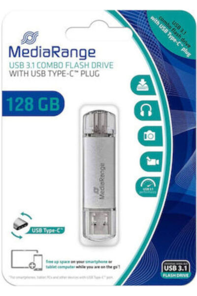 MediaRange USB 3.0 Συνδυαστικό Στικάκι USB Τύπου C 128GB Ασημί