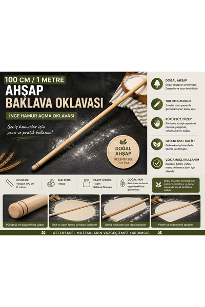 Ms. Iron 100 Cm Ahşap Baklava Oklavası 1 Metre Uzun İnce Hamur Açma Oklavası ...