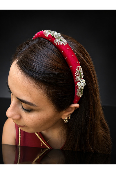 ByMerve Red Satin Silver Embroidered Thin Women's Hair Crown Evening Dress He...