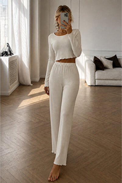 ÖZ PAMUK Women's Long Sleeve Ruffle Detail Crop Blouse and Wide Leg Soft Text...