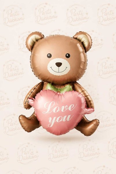 Parti Dükkanı Love You Heart Teddy Bear Foil Balloon 51X54.5 cm Brown Pink Romantic Love Balloon for Lovers