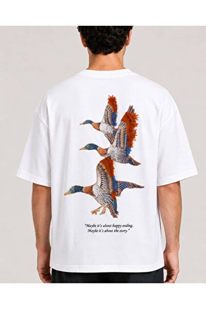 CANMODA Unisex White Oversize T-Shirt with Duck Embroidery and Text Detail on...