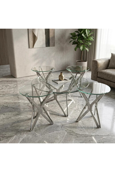 Al Hadaya Mall Stainless Steel and Glass Top Accent Table Set - Elegant Desig...