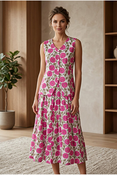 Generic Brand Costum dama fusta si bluza din bumbac imprimat manual