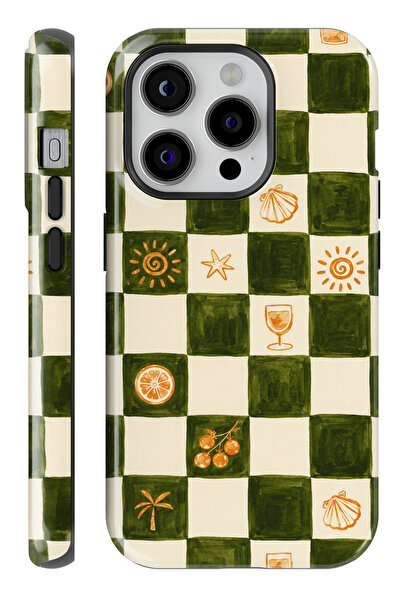 WANNA PROTECT (MAGSAFE) İPhone 13 Pro Olive Checker Çift Katmanlı Parlak PROT...