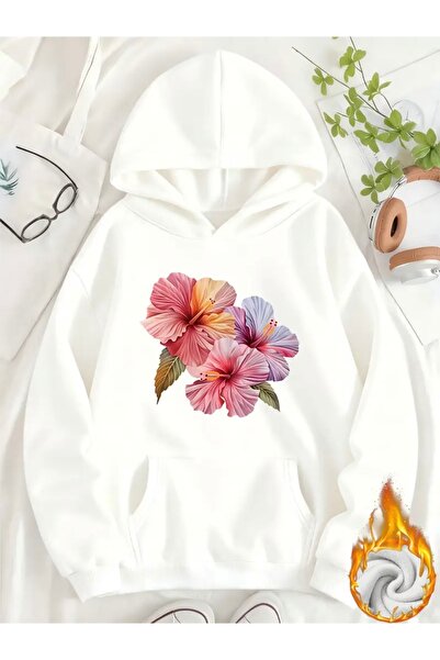 FUFLUNS Front Flower Printed Oversize Unisex Women'S/Men's Hooded Sweatshirt