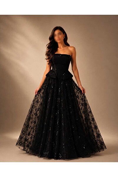 Generic Black Strapless Corset and Tulle Skirt Embroidered Evening Dress