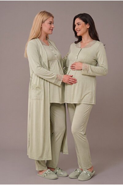 LOHOUSE Women's Green Long Sleeve Lace Robe Maternity Pajama Set