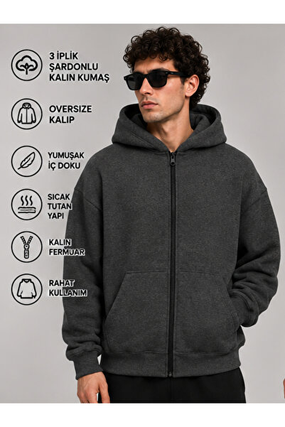Generic Brand Men's Anthracite Oversize Zippered Hooded 3 Thread Raster Sweat...