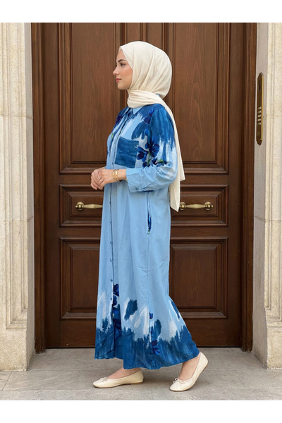 Kirazca Butik Women's Viscose Patterned Buttoned Pocketed Hijab Shirt Dress