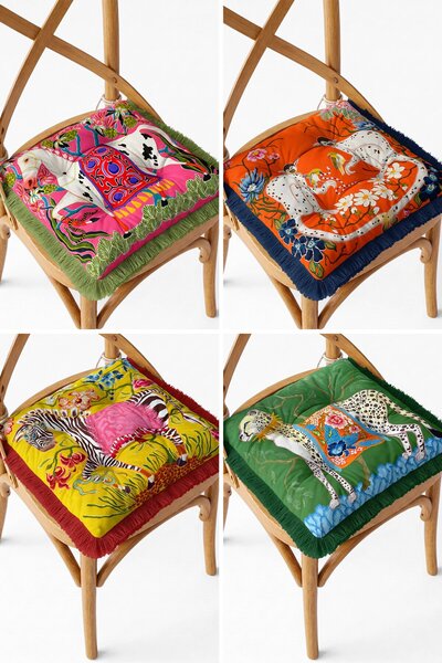 IdeCraft 4-Piece Fringed Exotic Zebra Leopard Monkey Patterned Colorful Lace-...