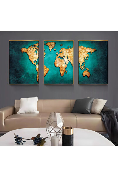 EMYA HOME Gold Metal Framed World Map 3-Piece Canvas Painting Set