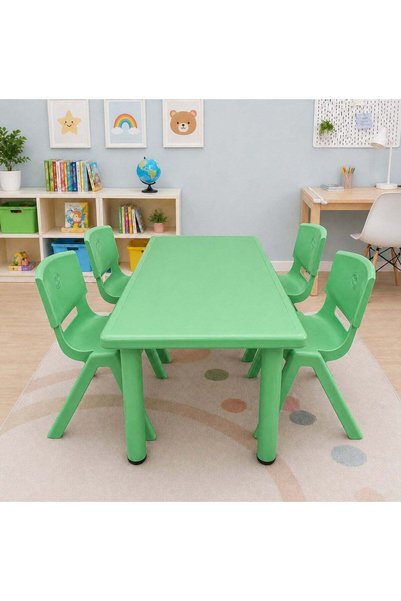 FUNZ طاولة دراسة بلاستيكية مستطيلة للأطفال مع 4 كراسي، مناسبة للمنزل أو المدر...