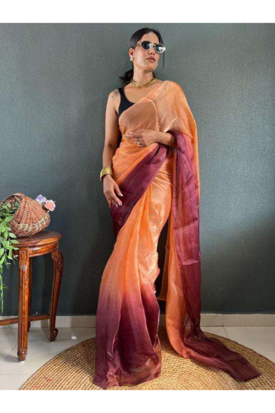 MYSMAR Peach Ombre Soft Georgette Saree - FFT9598 | Peach-Size-0