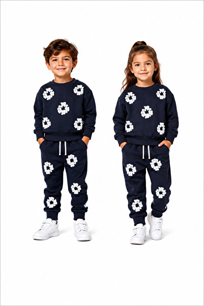 MAVİ BONCUKK Children's Unisex Embossed Printed Detailed Oversize Top and Bot...