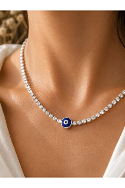 CM Jewelry Zircon Stone Waterway Evil Eye Beaded Silver Color Steel Necklace