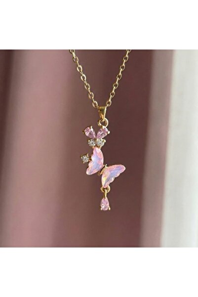 Heda Jewelry Crystal Butterfly Kolye - Çelik Pembe Kelebek Kolye