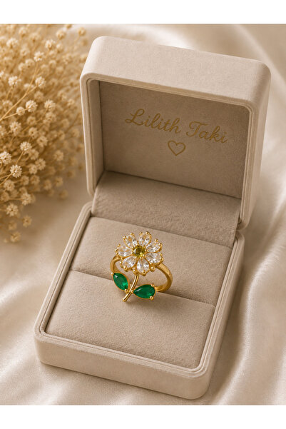 Lilith Takı 🌼   Green Leaf Detailed Flower Stress Ring – Stylish Women's Rin...