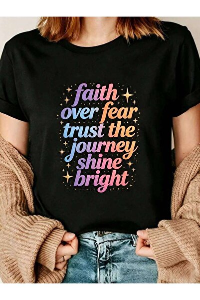 k222 Inspirational Gradient Text Women's T-Shirt Faith Over Fear Trust The Jo...