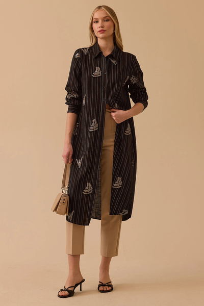 SEÇİL Women's Striped Embroidered Motif Detailed Long Tunic 1048 Black