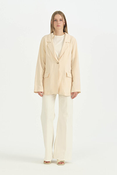 Nihan Single Button Detailed Linen Jacket - Cream