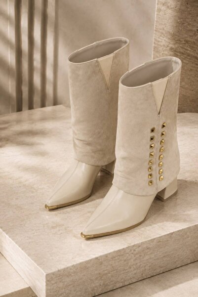 İncimoda Livamod Women's Pointed Toe Studded Suede Detailed Thick Heeled Cowb...