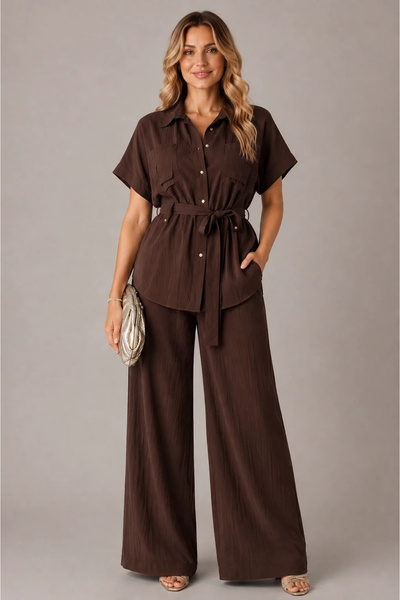 bysoca Women's Brown Stone Buttoned Double Suit Set with Linen Belt, Wide Leg...