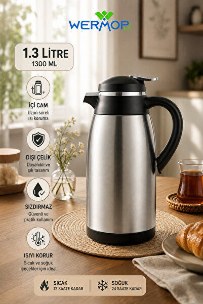 SAFİR 1300 ML İçi Cam Dışı Çelik Termos Büyük Boy Sıcak Soğuk İçecek Termosu